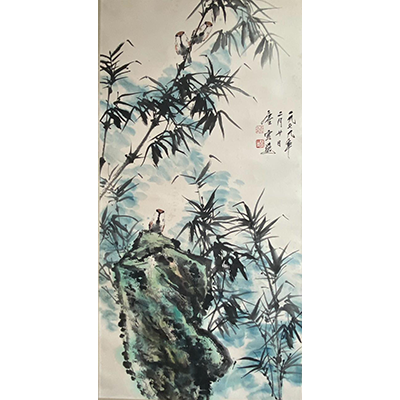 Lot 04: 唐云 - 雀喜竹报平安(竹雀图)