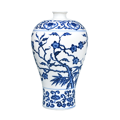 Lot 28: Blue and White Vase with Pine, Bamboo, and Plum Blossom Design 青花松竹梅纹梅瓶