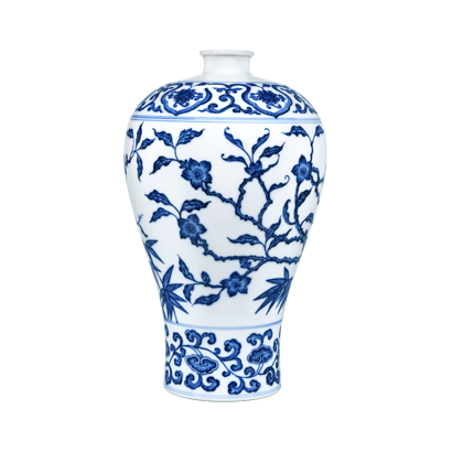 Lot 28: Blue and White Vase with Pine, Bamboo, and Plum Blossom Design 青花松竹梅纹梅瓶