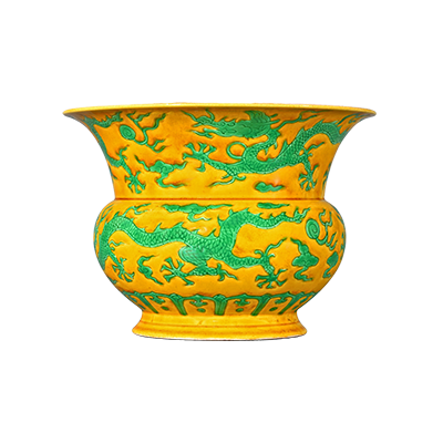 Lot 33: Waste Vessel Decorated with Green-Enamel Dragons on a Yellow Ground 黄地绿彩龙纹渣斗