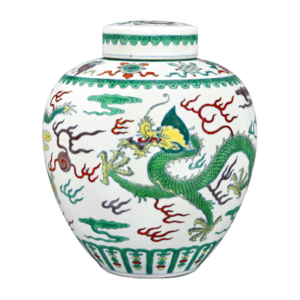 Lot 34: Doucai Covered Jar with Dragon Design 斗彩龙纹盖罐 - Image 1