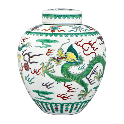 Lot 34: Doucai Covered Jar with Dragon Design 斗彩龙纹盖罐
