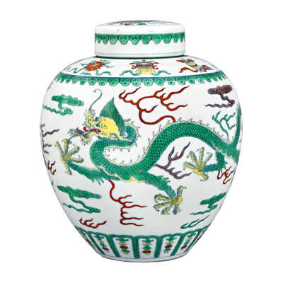 Lot 34: Doucai Covered Jar with Dragon Design 斗彩龙纹盖罐