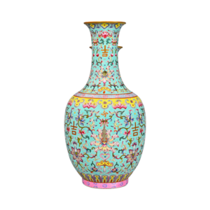 Lot 35: Turquoise-Ground Famille Rose Vase with the Character “Ji” (Auspiciousness) 松石绿地粉彩缠枝番莲纹“吉”字瓶 - Image 1