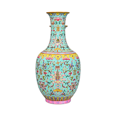 Lot 35: Turquoise-Ground Famille Rose Vase with the Character “Ji” (Auspiciousness) 松石绿地粉彩缠枝番莲纹“吉”字瓶