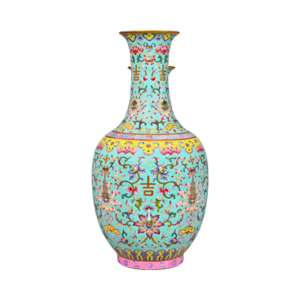 Lot 35: Turquoise-Ground Famille Rose Vase with the Character “Ji” (Auspiciousness) 松石绿地粉彩缠枝番莲纹“吉”字瓶 - Image 2