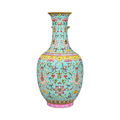 Lot 35: Turquoise-Ground Famille Rose Vase with the Character “Ji” (Auspiciousness) 松石绿地粉彩缠枝番莲纹“吉”字瓶