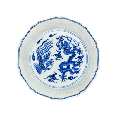 Lot 37: Blue and White Ten-sided Washer with Dragon and Phoenix Design 青花龙凤纹十棱洗