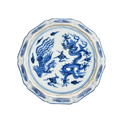 Lot 37: Blue and White Ten-sided Washer with Dragon and Phoenix Design 青花龙凤纹十棱洗
