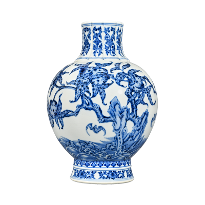 Lot 39: Blue and White Pomegranate-shaped Vase with "Blessed Mountain and Longevity Sea" Design 青花福山寿海图石榴尊