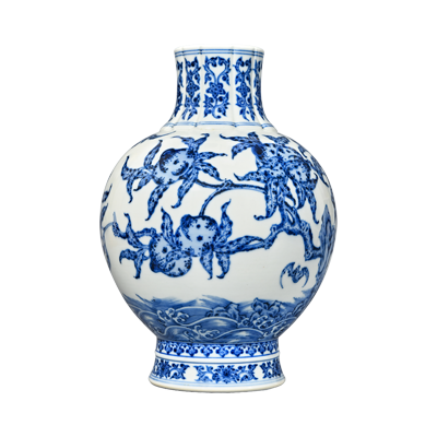 Lot 39: Blue and White Pomegranate-shaped Vase with "Blessed Mountain and Longevity Sea" Design 青花福山寿海图石榴尊