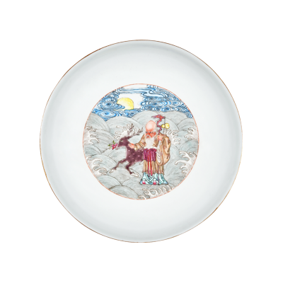 Lot 40: Famille Rose Dish Depicting the God of Longevity 粉彩寿星福禄图盘