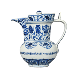Lot 44: Blue and White Monk's Cap Ewer with Eight Auspicious Symbols 青花莲托八宝纹僧帽壶 - Image 1