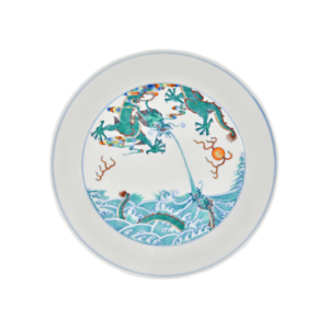 Lot 46: Doucai Dish Depicting a Dragon Teaching Its Young 斗彩苍龙教子图折腰盘 - Image 1