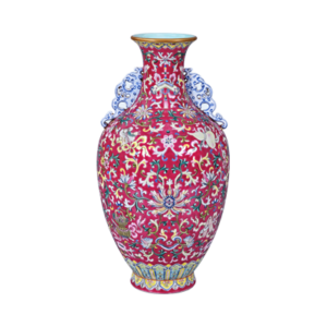 Lot 50: Famille Rose Double-eared Vase 红地粉彩缠枝花卉纹双耳瓶 - Image 1