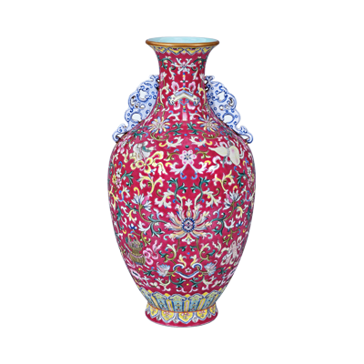 Lot 50: Famille Rose Double-eared Vase 红地粉彩缠枝花卉纹双耳瓶