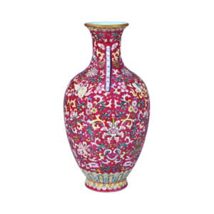 Lot 50: Famille Rose Double-eared Vase 红地粉彩缠枝花卉纹双耳瓶 - Image 2