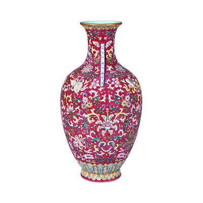 Lot 50: Famille Rose Double-eared Vase 红地粉彩缠枝花卉纹双耳瓶