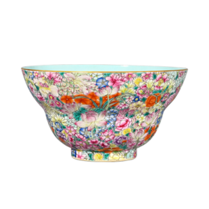 Lot 51: Famille Rose Bowl with Dense Floral Design 粉彩繁花地折腰碗 - Image 1