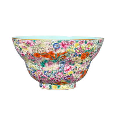 Lot 51: Famille Rose Bowl with Dense Floral Design 粉彩繁花地折腰碗