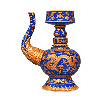 Lot 52: Blue Gold Bumpa Ewer with Cloud and Dragon Design 蓝地描金云龙纹贲巴壶
