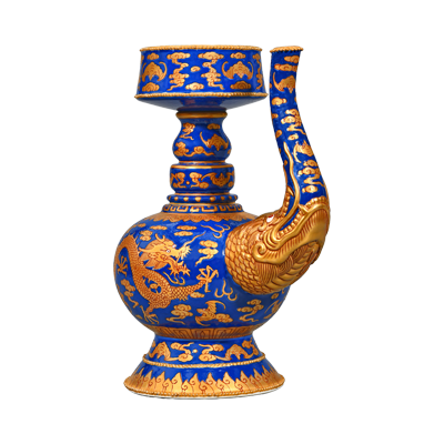 Lot 52: Blue Gold Bumpa Ewer with Cloud and Dragon Design 蓝地描金云龙纹贲巴壶
