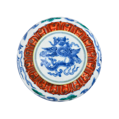 Lot 54: Doucai Jar with Ying Dragon Design 斗彩应龙纹天字罐