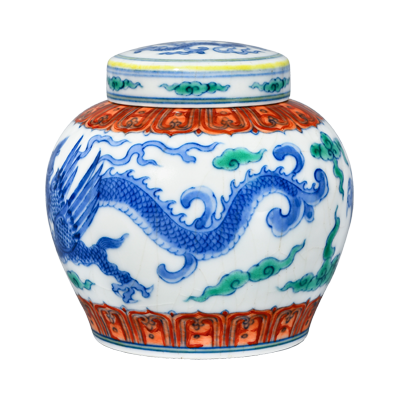 Lot 54: Doucai Jar with Ying Dragon Design 斗彩应龙纹天字罐