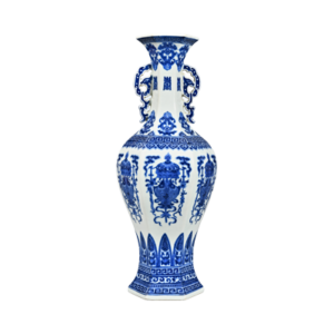 Lot 58: Blue and White Hexagonal Vase with Eight Auspicious Symbols and Double Handles 青花八宝纹双耳六方瓶 - Image 1