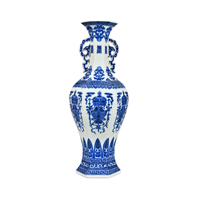 Lot 58: Blue and White Hexagonal Vase with Eight Auspicious Symbols and Double Handles 青花八宝纹双耳六方瓶