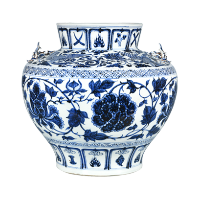 Lot 59: Blue and White Jar with Peony and Phoenix Design 青花牡丹凤纹双耳罐