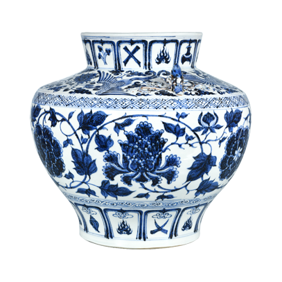 Lot 59: Blue and White Jar with Peony and Phoenix Design 青花牡丹凤纹双耳罐