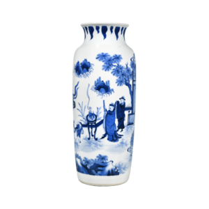 Lot 60: Blue and White Cylindrical Vase with Design Symbolising Blessings 青花祈福图筒瓶 - Image 1