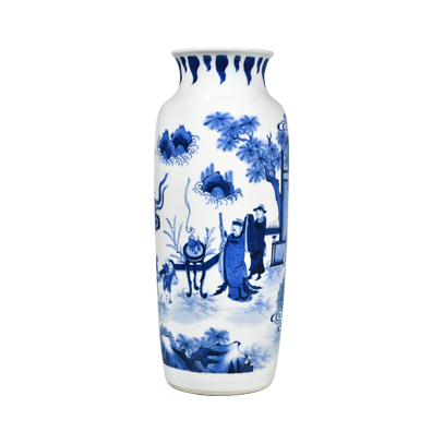 Lot 60: Blue and White Cylindrical Vase with Design Symbolising Blessings 青花祈福图筒瓶