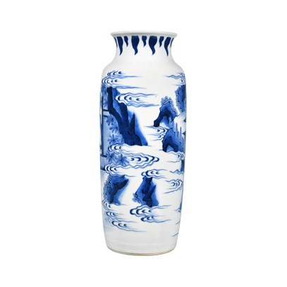 Lot 60: Blue and White Cylindrical Vase with Design Symbolising Blessings 青花祈福图筒瓶