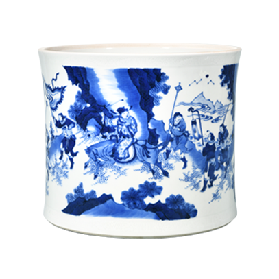 Lot 61: Blue and White Brush Pot Depicting Xiao He Pursuing Han Xin Under the Moon 青花萧何月下追韩信人物纹笔筒