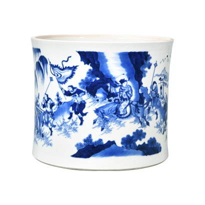 Lot 61: Blue and White Brush Pot Depicting Xiao He Pursuing Han Xin Under the Moon 青花萧何月下追韩信人物纹笔筒