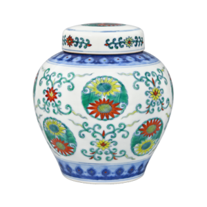 Lot 65: Doucai Covered Jar with Chrysanthemum Medallion Design 斗彩团菊纹盖罐 - Image 1