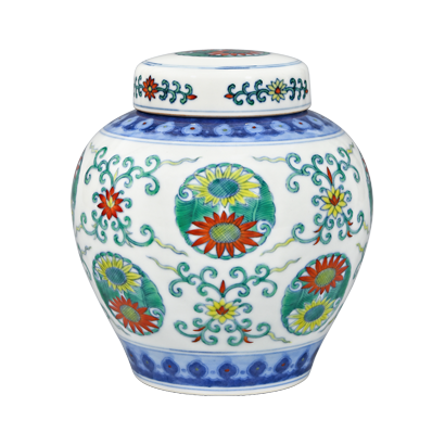 Lot 65: Doucai Covered Jar with Chrysanthemum Medallion Design 斗彩团菊纹盖罐